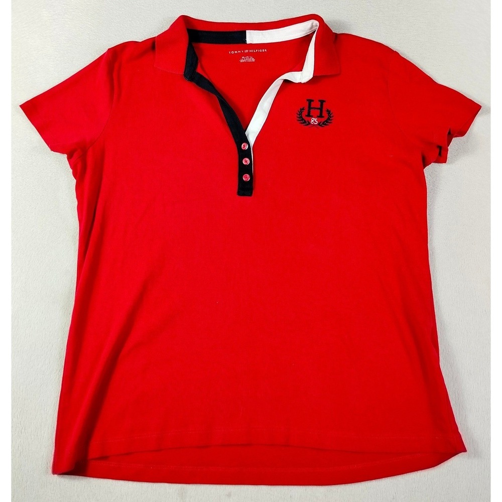 Tommy Hilfiger Polo Shirt Womens XL‎ Red Embroidered Crest Short Sleeve Preppy